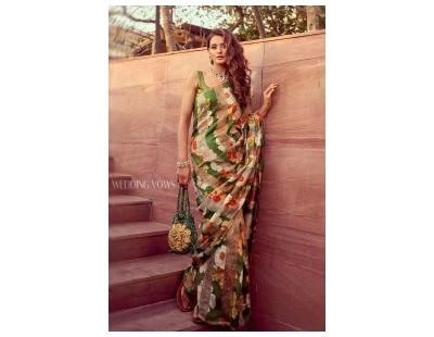 Green Pure Organza Silk Saree with Digital Floral Prints | Chinaya Banaras