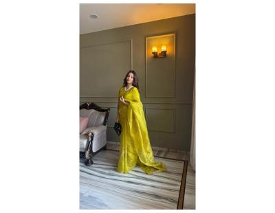 Lemon Yellow Organza Silk Saree with Floral Appliqué Work by Chinaya Banaras