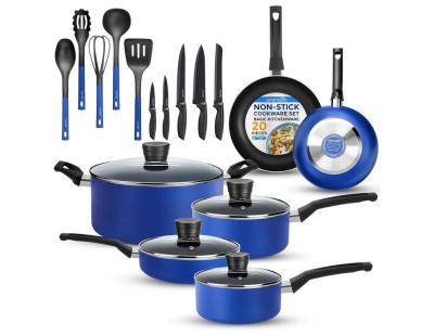 20-Piece Blue Cookware and Knives Set – Nonstick Pots and Pans with Lids and Utensils