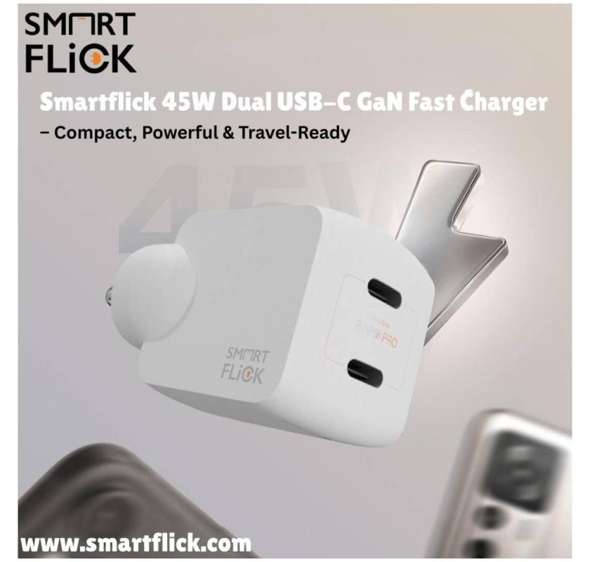Smartflick 45W Dual USB-C GaN Fast Charger – Compact, Powerful & Travel-Ready