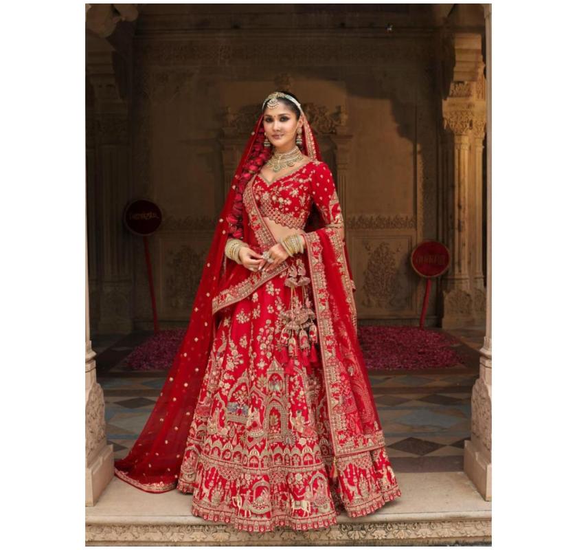 Red Embroidered Silk Unstitched Lehenga by Indiee Lable