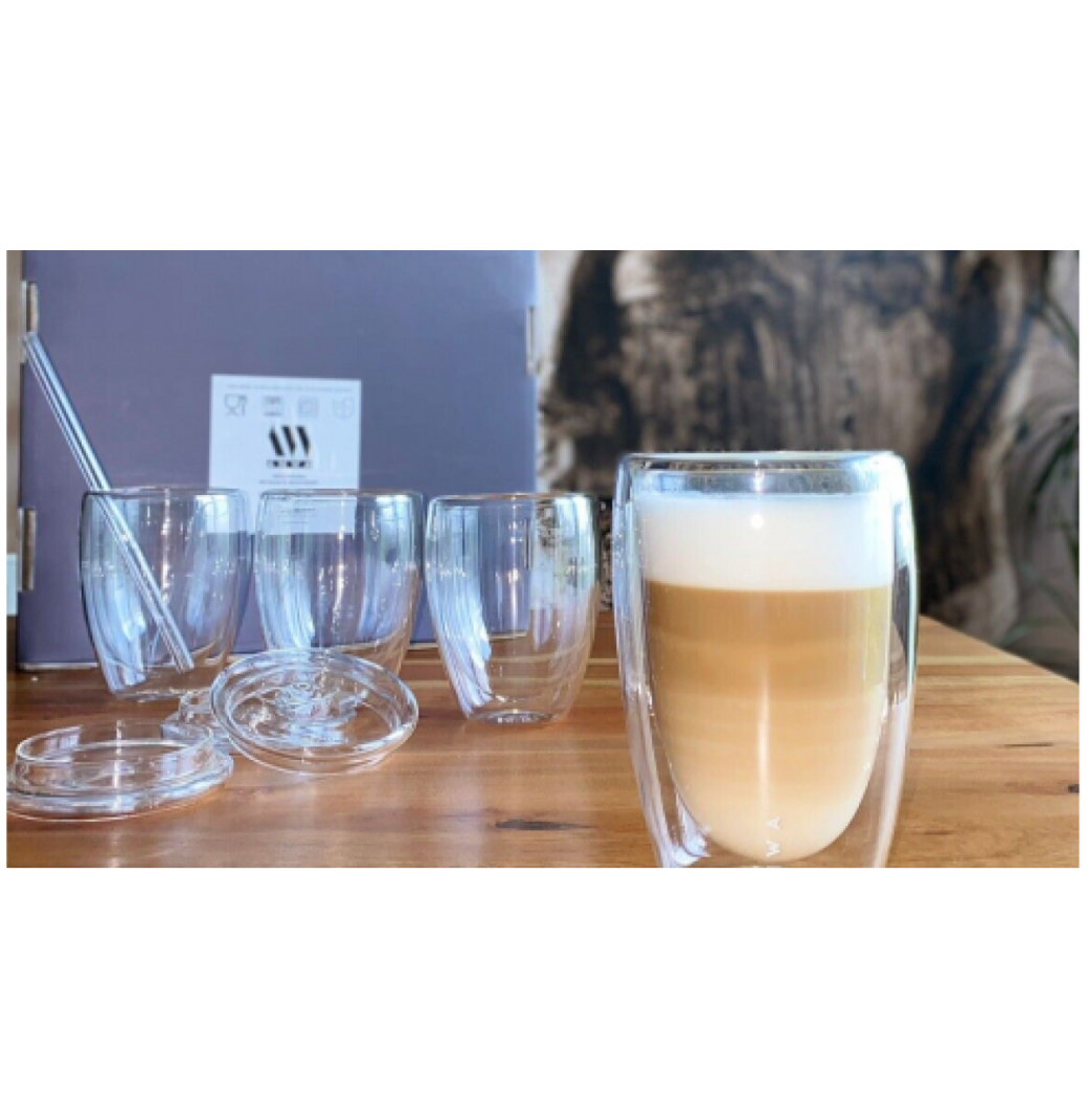 4x Anwa Thermoglas Doppelwandige Trinkgläser mit Deckel & Strohhalm