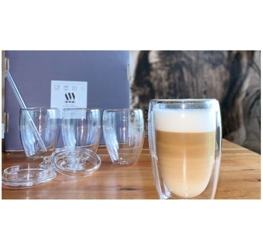 4x Anwa Thermoglas Doppelwandige Trinkgläser mit Deckel & Strohhalm