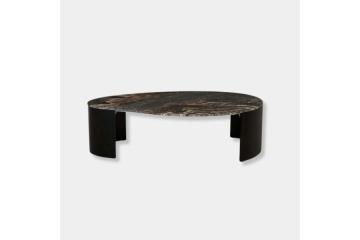 GlobeWest Oberon Curve Marble Coffee Table - Matt Ocean Marble, Natural Ash Malvern East