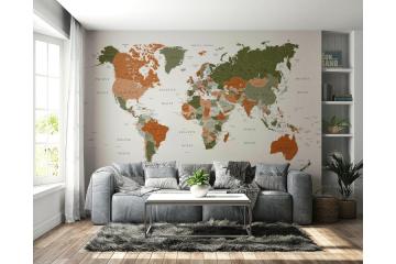 World Map Olive Green Wall Mural