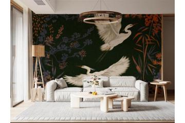 Tranquil Aviary Herons Asian Art Wall Mural - Elegant Heron Wallpaper
